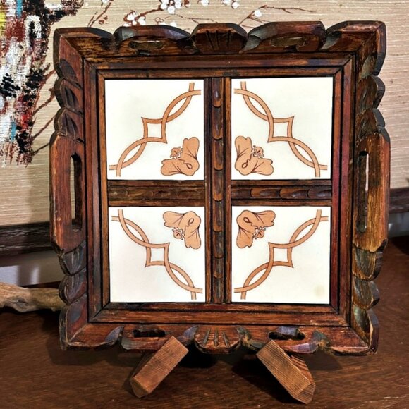 Vintage Hand Carved Wooden Serving Tray Tile Inserts Cream Brown Mexican BOHO - Picture 1 of 12